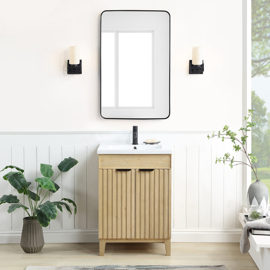 Issac Edwards 24" Free-standing Single Bath Vanity in Spruce Natural Brown with Drop-In White Ceramic Basin Top and Mirror