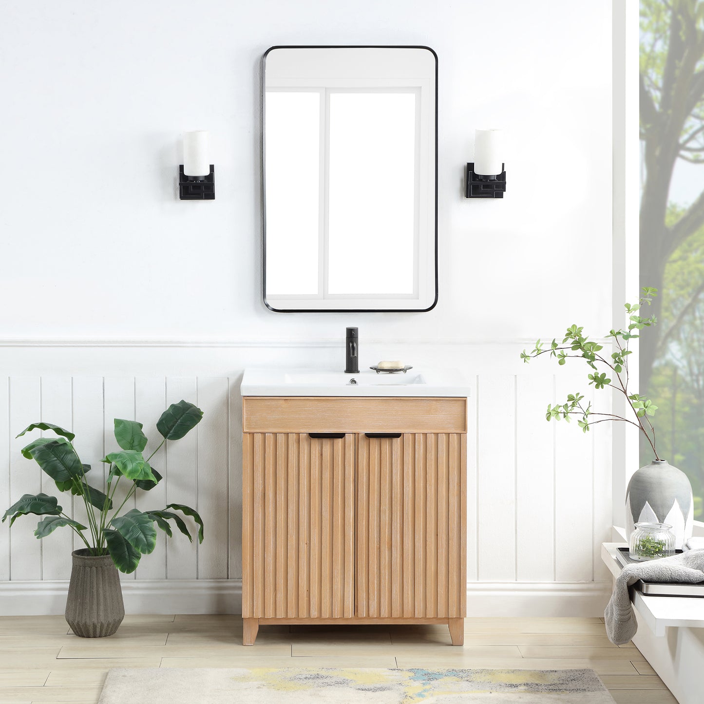 Palos 30" Free-standing Single Bath Vanity in Fir Wood Brown with Drop-In White Ceramic Basin Top