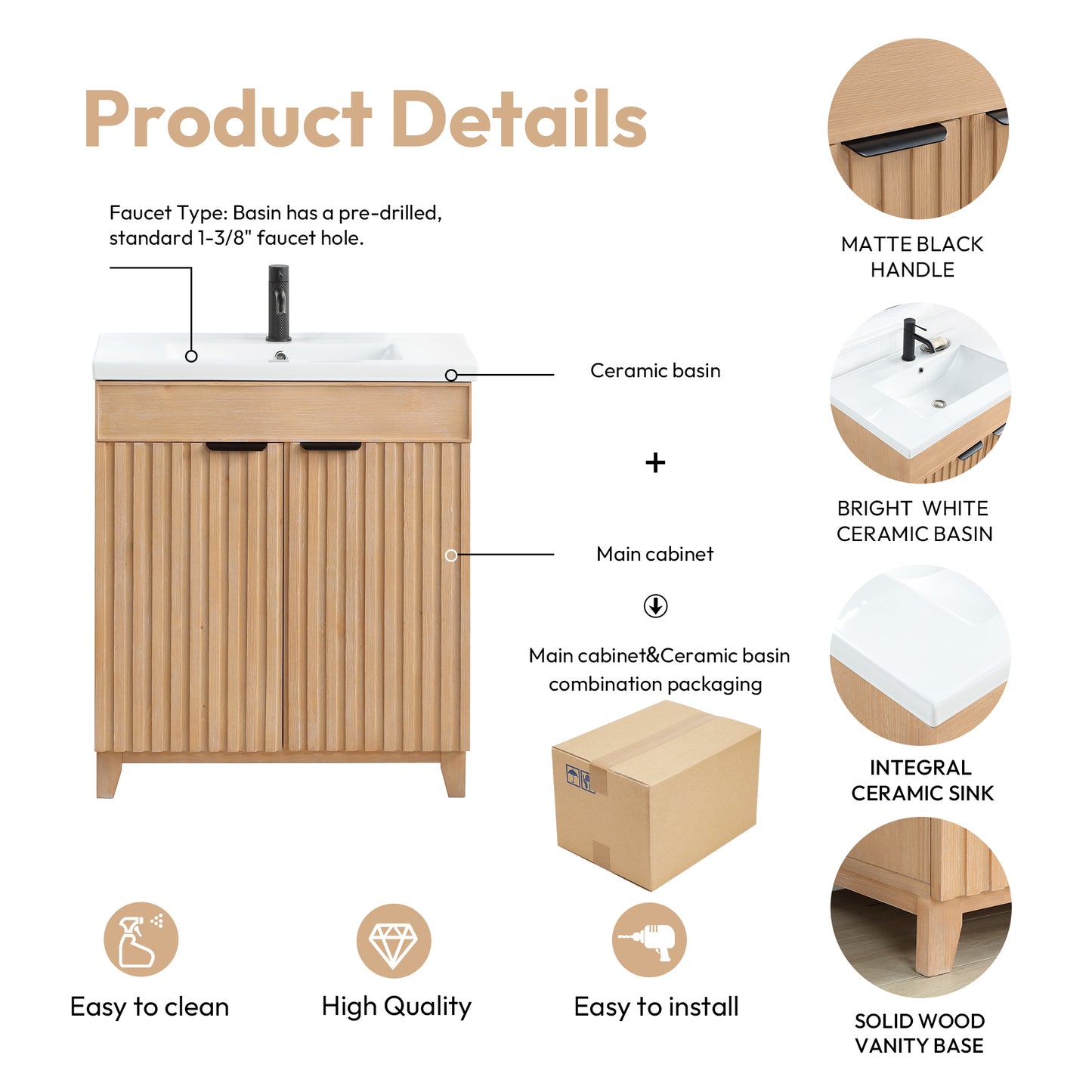 Palos 30" Free-standing Single Bath Vanity in Fir Wood Brown with Drop-In White Ceramic Basin Top