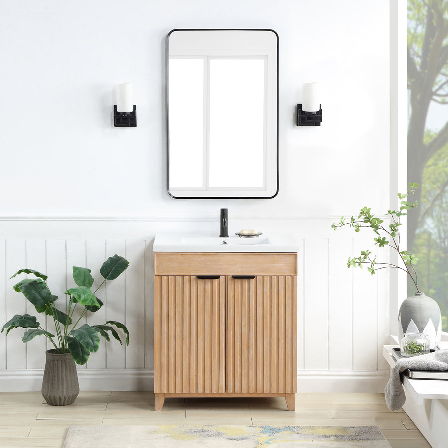 Issac Edwards 30" Free-standing Single Bath Vanity in Fir Wood Brown with Drop-In White Ceramic Basin Top and Mirror