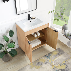 Palos 30" Free-standing Single Bath Vanity in Fir Wood Brown with Drop-In White Ceramic Basin Top