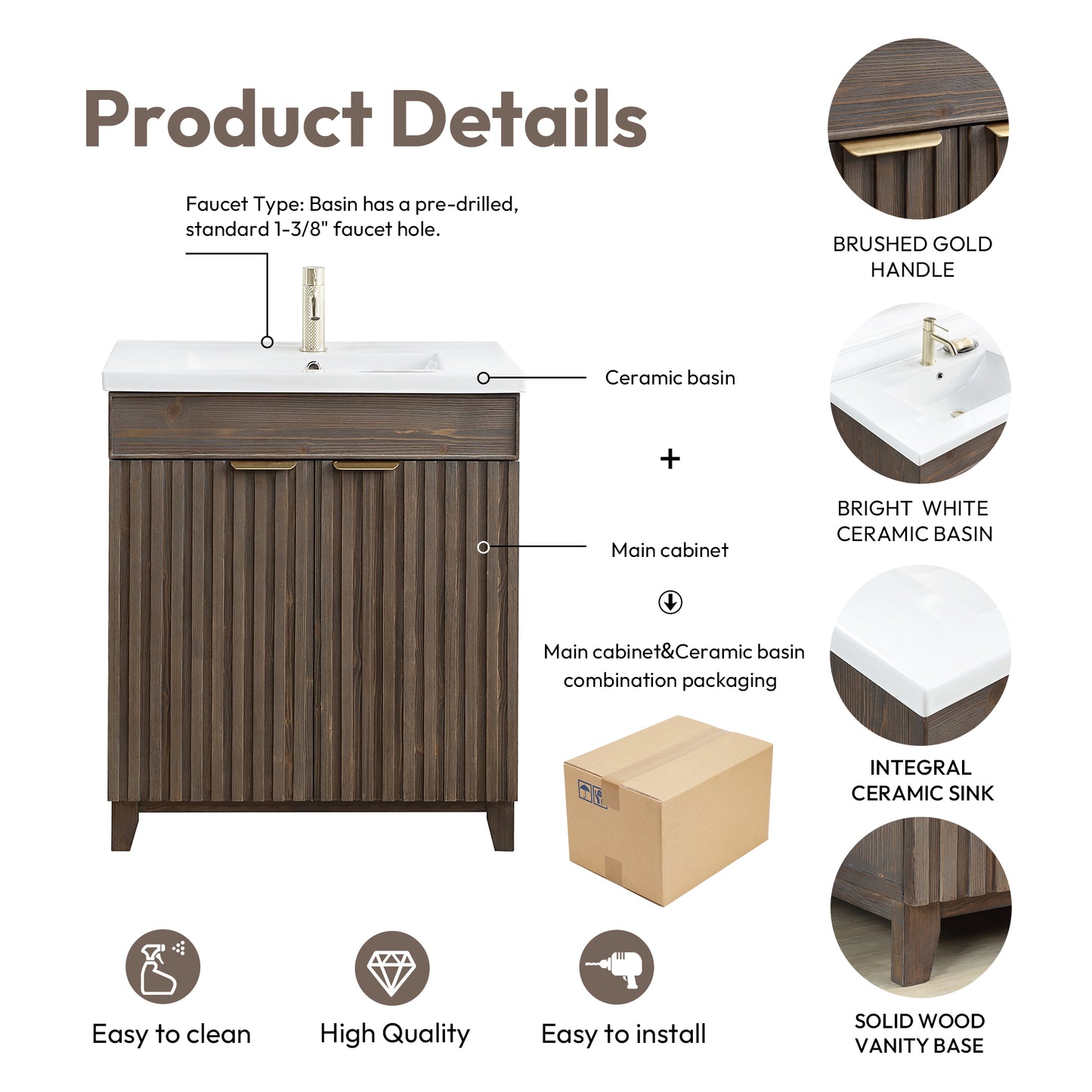 Palos 30" Free-standing Single Bath Vanity in Spruce Antique Brown with Drop-In White Ceramic Basin Top