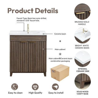 Palos 30" Free-standing Single Bath Vanity in Spruce Antique Brown with Drop-In White Ceramic Basin Top