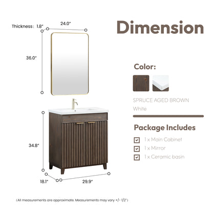 Palos 30" Free-standing Single Bath Vanity in Spruce Antique Brown with Drop-In White Ceramic Basin Top
