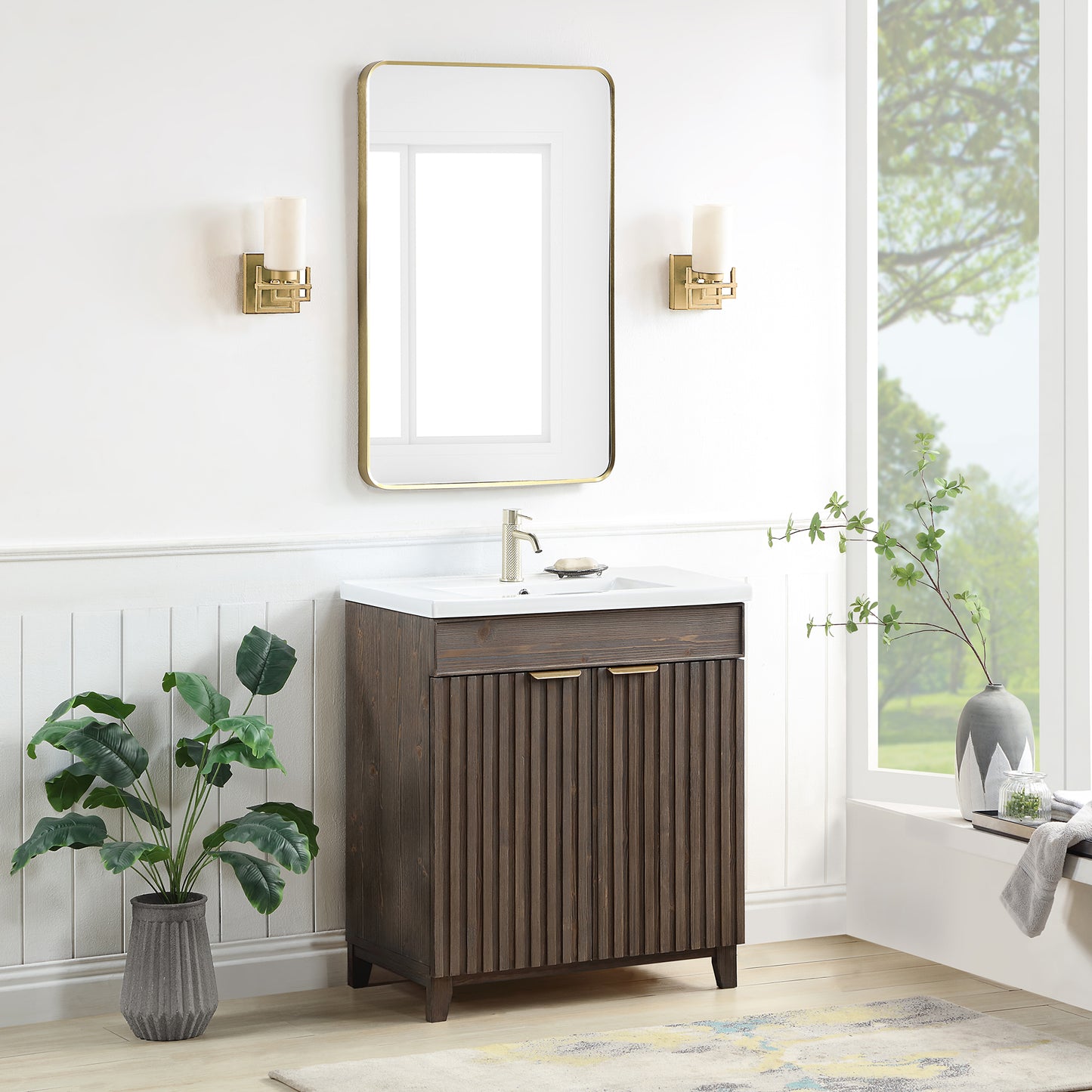 Palos 30" Free-standing Single Bath Vanity in Spruce Antique Brown with Drop-In White Ceramic Basin Top