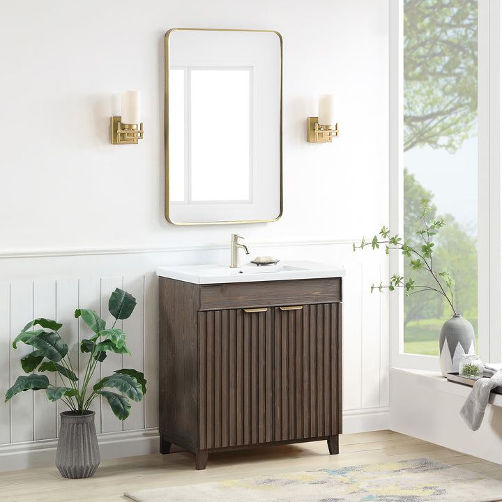 Issac Edwards 30" Free-standing Single Bath Vanity in Spruce Antique Brown with Drop-In White Ceramic Basin Top and Mirror