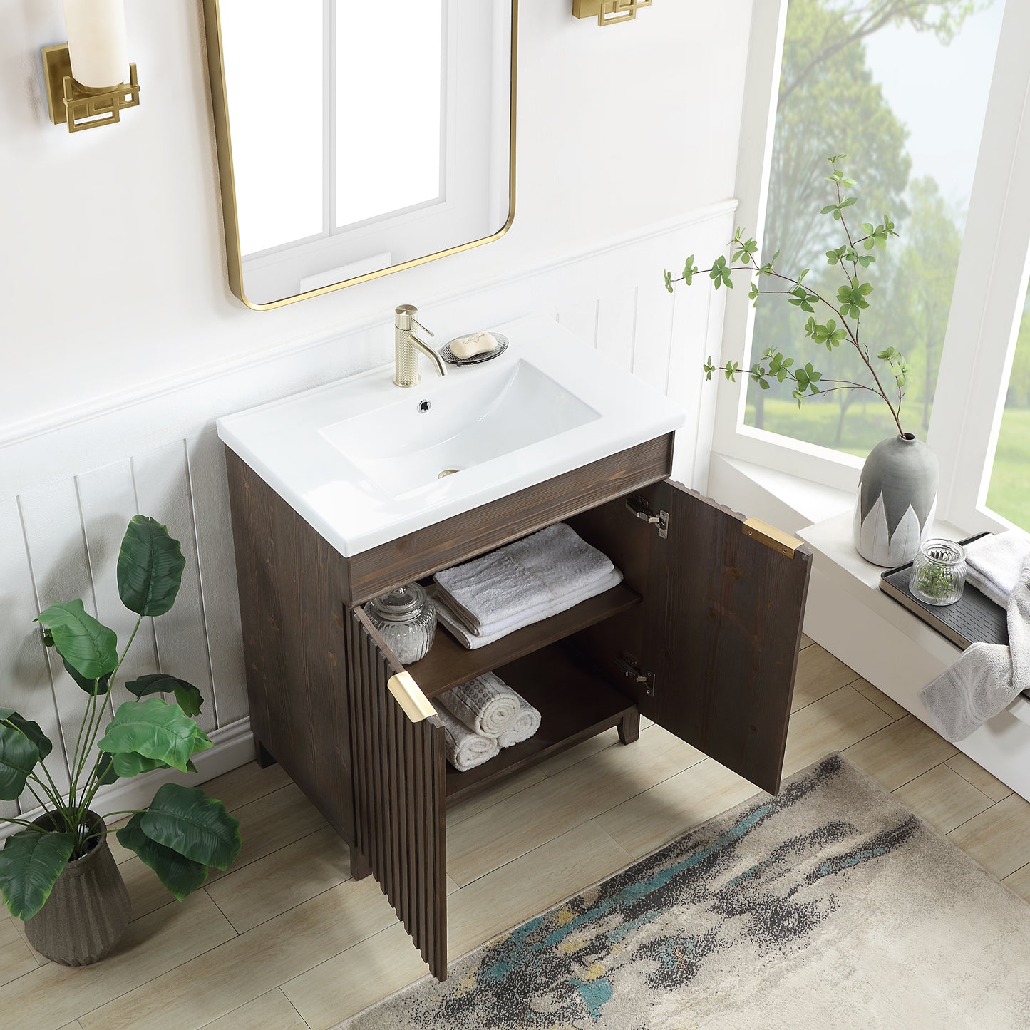 Palos 30" Free-standing Single Bath Vanity in Spruce Antique Brown with Drop-In White Ceramic Basin Top
