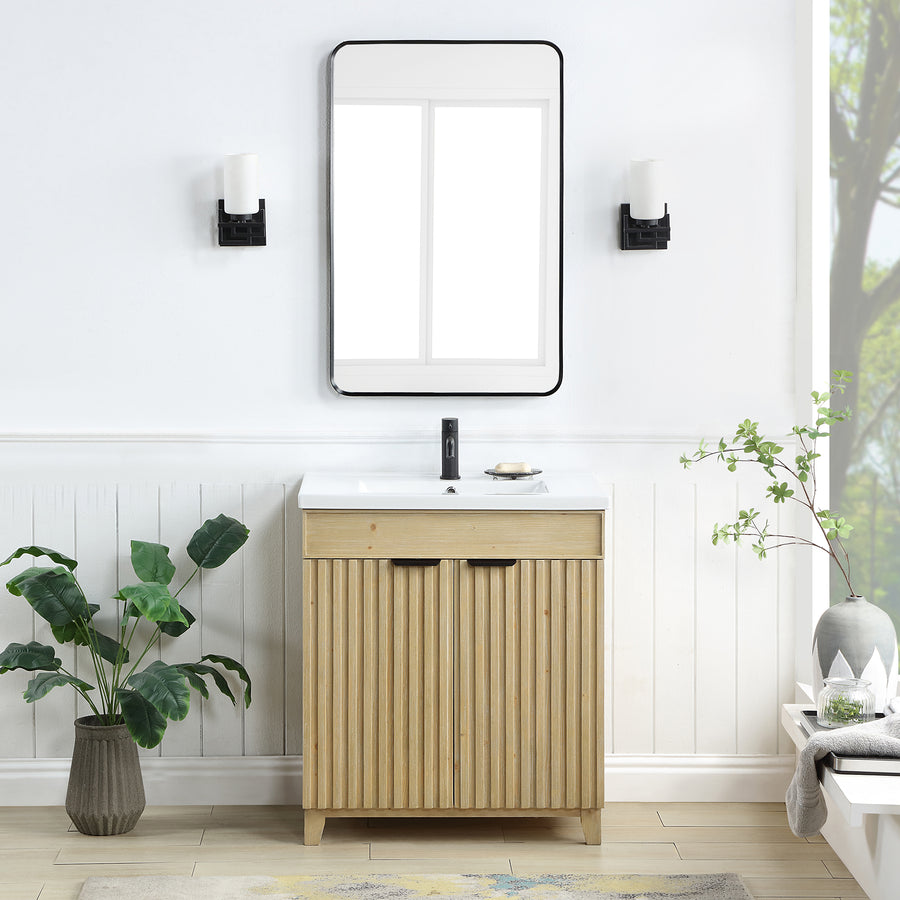 Issac Edwards 30" Free-standing Single Bath Vanity in Spruce Natural Brown with Drop-In White Ceramic Basin Top and Mirror