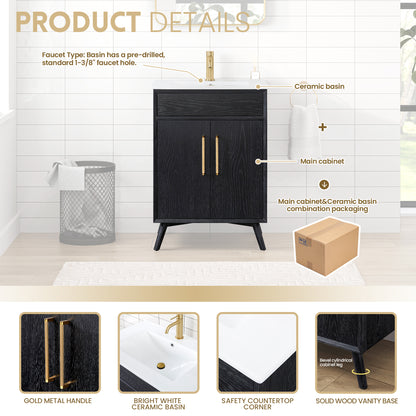 Delhi 24" Free-standing Single Bath Vanity in Fir Wood Black with Drop-In White Ceramic Basin Top
