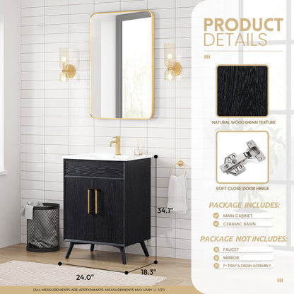Delhi 24" Free-standing Single Bath Vanity in Fir Wood Black with Drop-In White Ceramic Basin Top