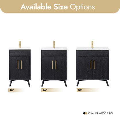 Delhi 24" Free-standing Single Bath Vanity in Fir Wood Black with Drop-In White Ceramic Basin Top