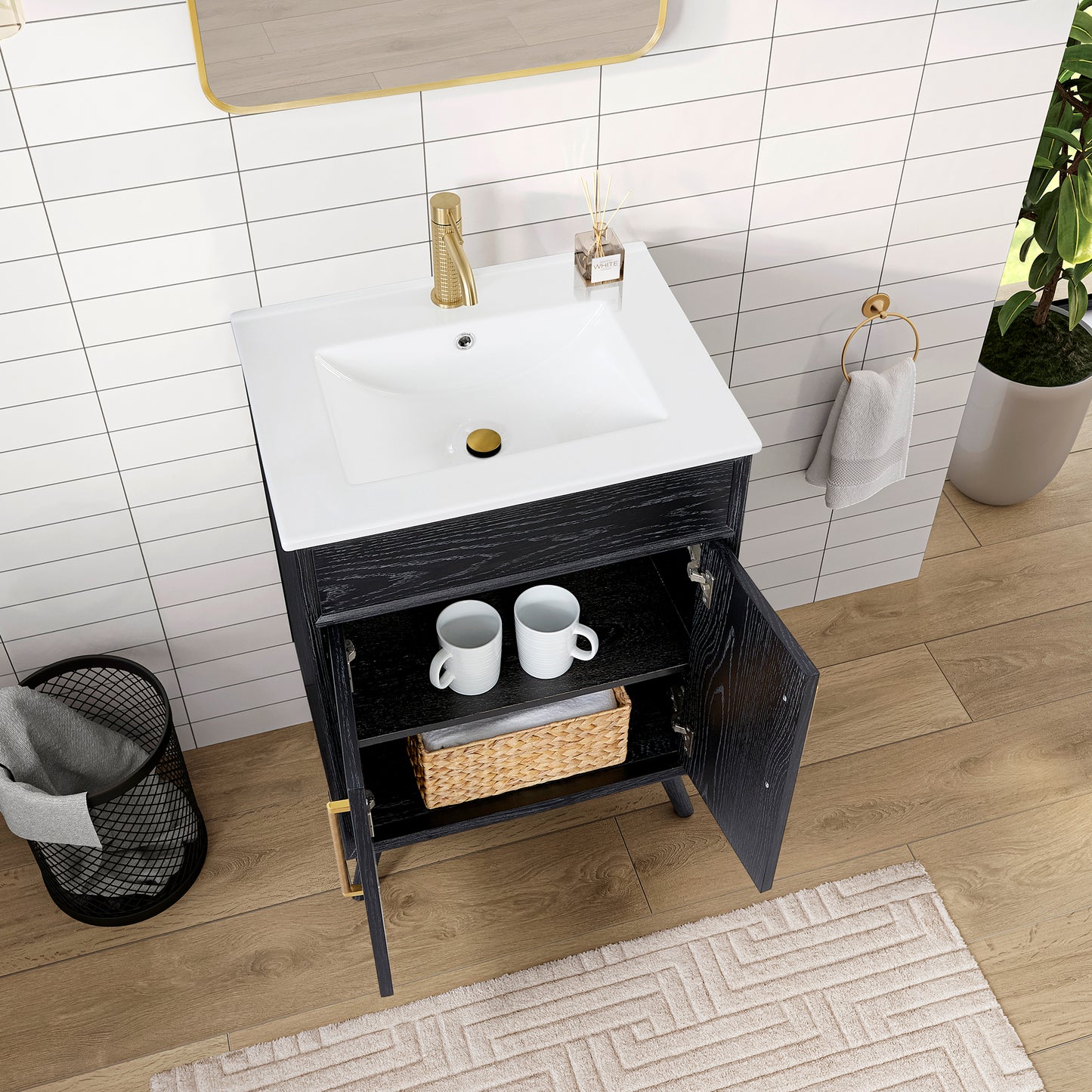 Delhi 24" Free-standing Single Bath Vanity in Fir Wood Black with Drop-In White Ceramic Basin Top