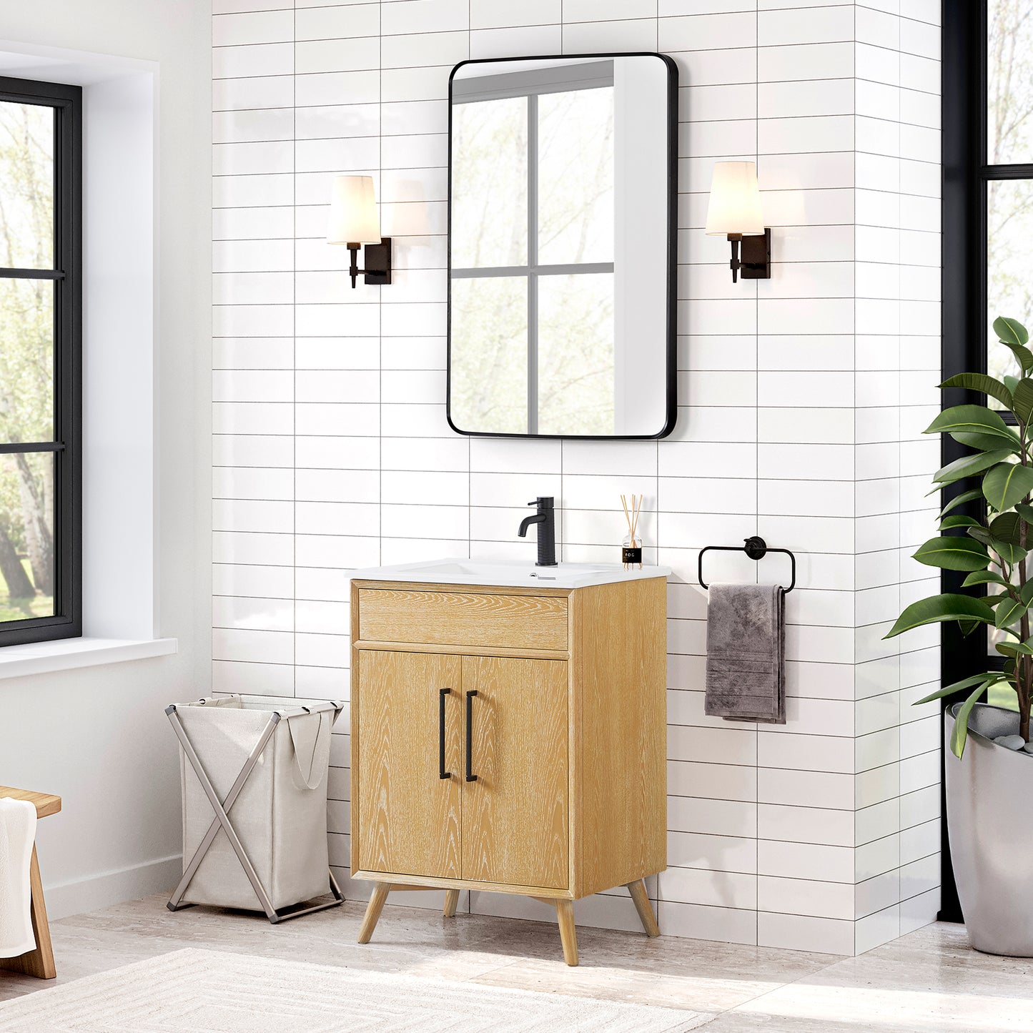 Delhi 24" Free-standing Single Bath Vanity in Washed Ash Grey with Drop-In White Ceramic Basin Top