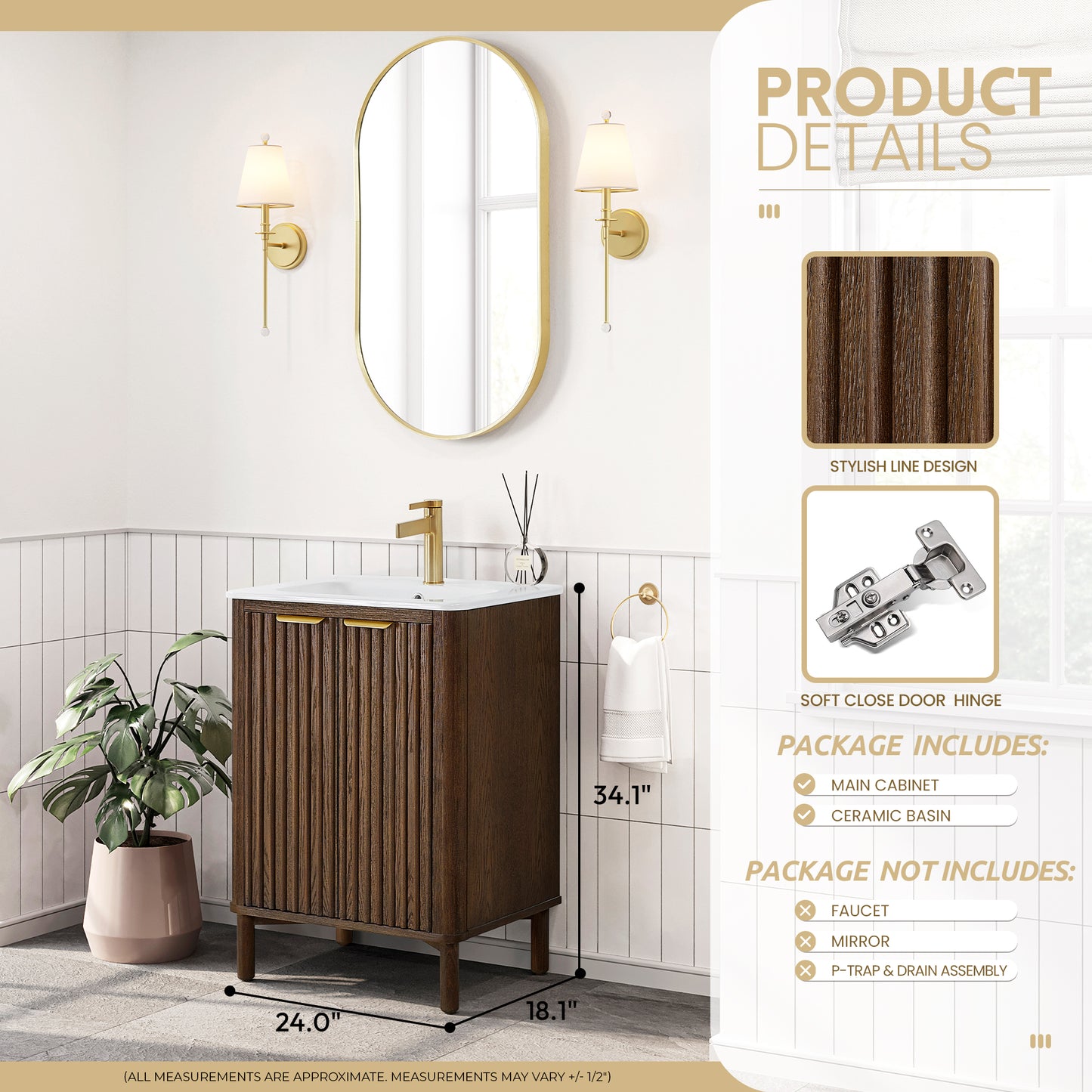 Mumbai 24" Free-standing Single Bath Vanity in Aged Dark Brown Oak with Drop-In White Ceramic Basin Top