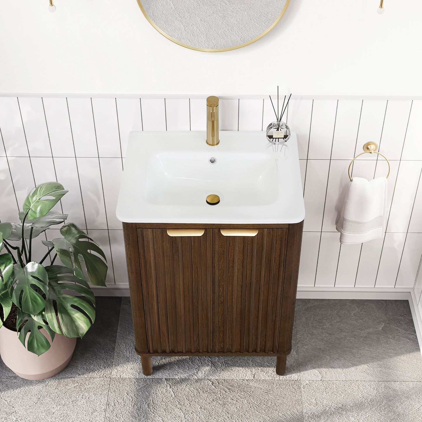 Mumbai 24" Free-standing Single Bath Vanity in Aged Dark Brown Oak with Drop-In White Ceramic Basin Top