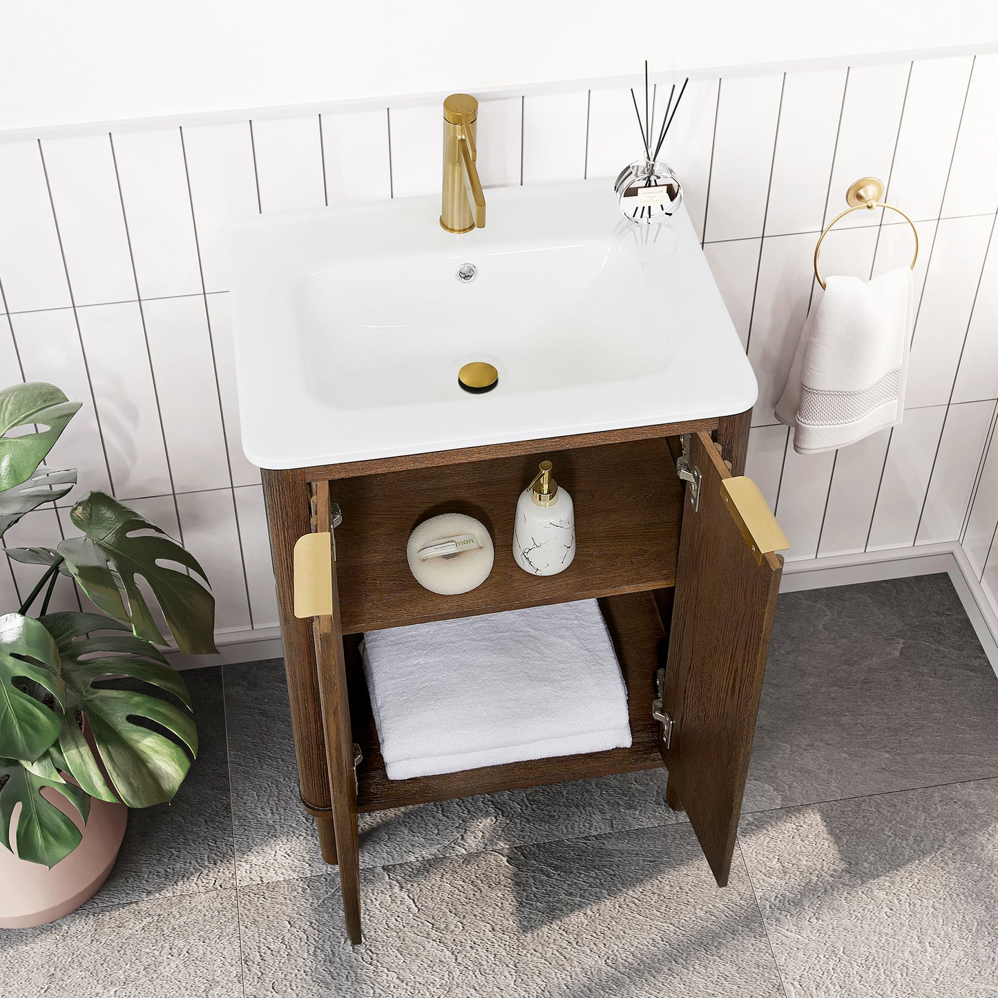 Mumbai 24" Free-standing Single Bath Vanity in Aged Dark Brown Oak with Drop-In White Ceramic Basin Top