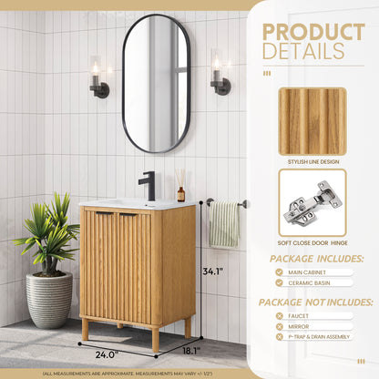 Mumbai 24" Free-standing Single Bath Vanity in Oak Weathering Light Brown with Drop-In White Ceramic Basin Top