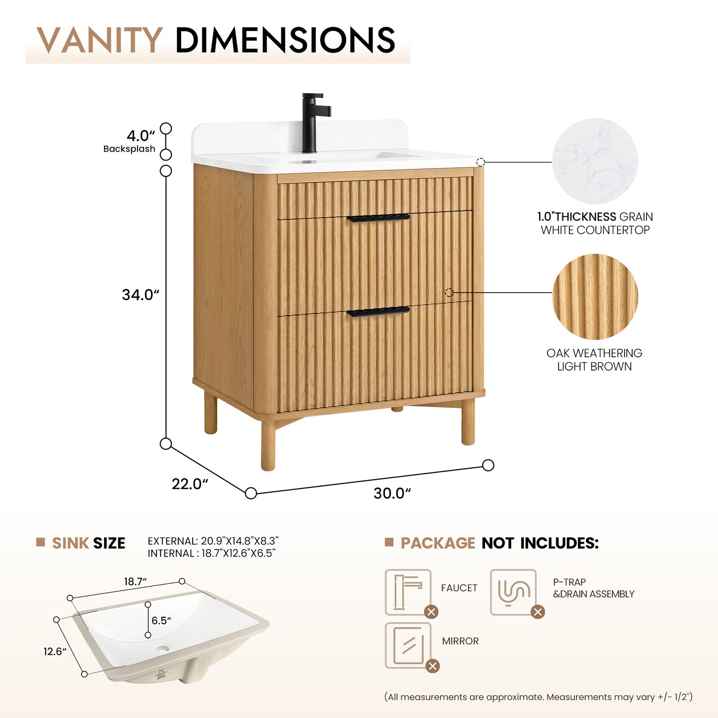 Mumbai 30" Single Sink Bath Vanity in Oak Weathering Light Brown