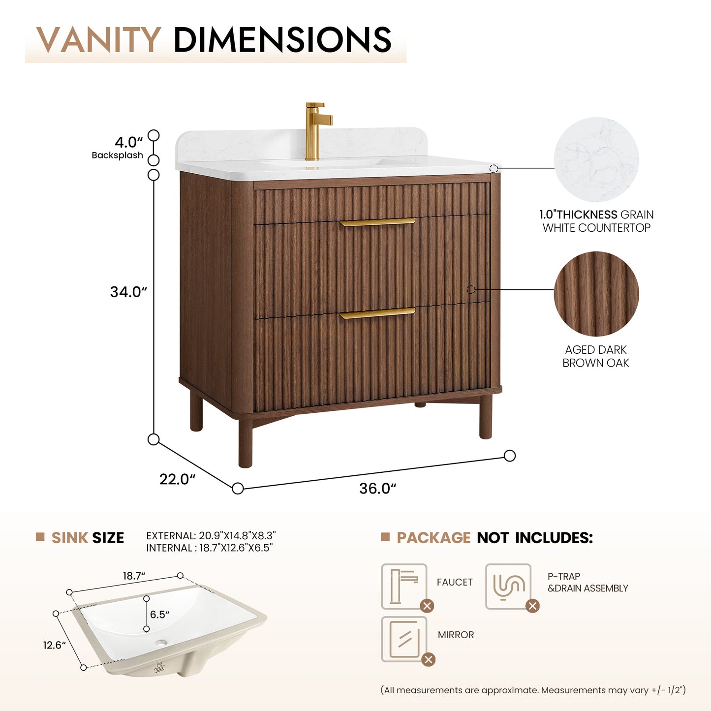 Mumbai 36" Single Sink Bath Vanity in Aged Dark Brown Oak