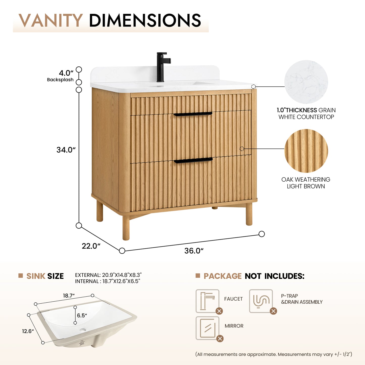 Mumbai 36" Single Sink Bath Vanity in Oak Weathering Light Brown