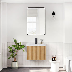 Open image in slideshow, Manila Floating Single Bath Vanity in Washed Ash Grey with Drop-In White Ceramic Basin Top
