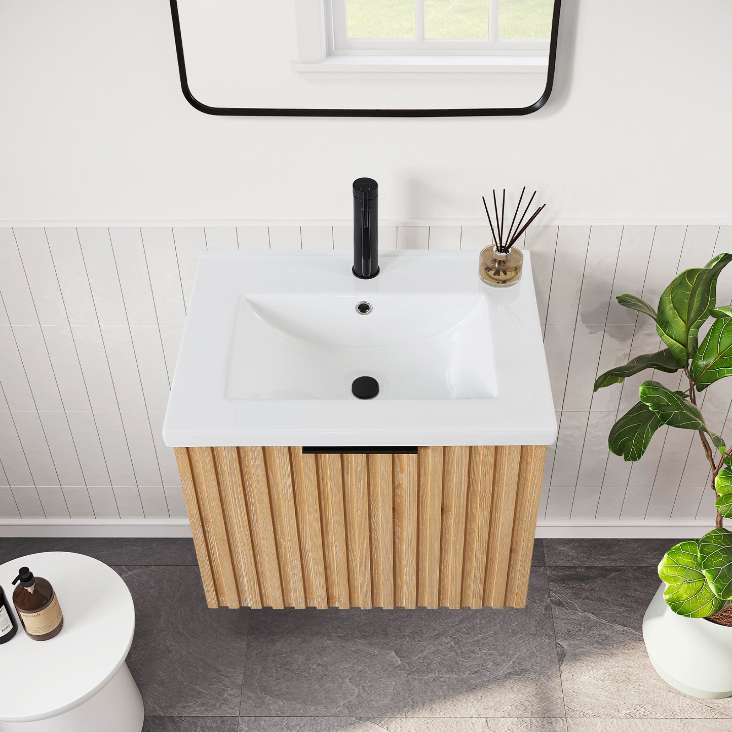 Manila Floating Single Bath Vanity in Washed Ash Grey with Drop-In White Ceramic Basin Top