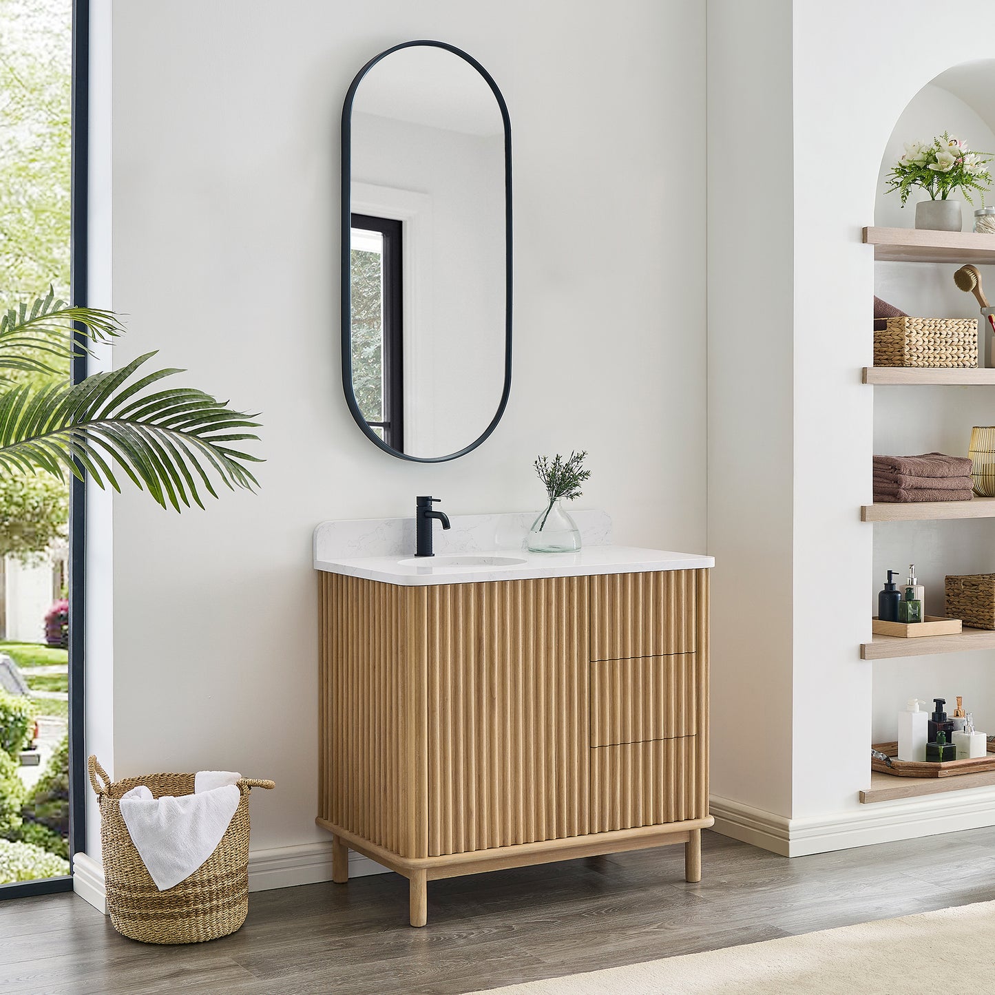 Seoul 36" Single Vanity in Washed Ash Grey with White Grain Composite Stone Top