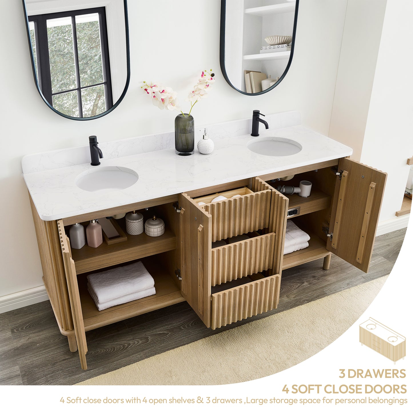 Seoul 72" Double Vanity in Washed Ash Grey with White Grain Composite Stone Top