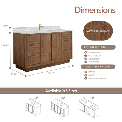 Cairo 60" Floating Single Bath Vanity in Washed Ash Grey with Fish Maw White Quartz Stone Top