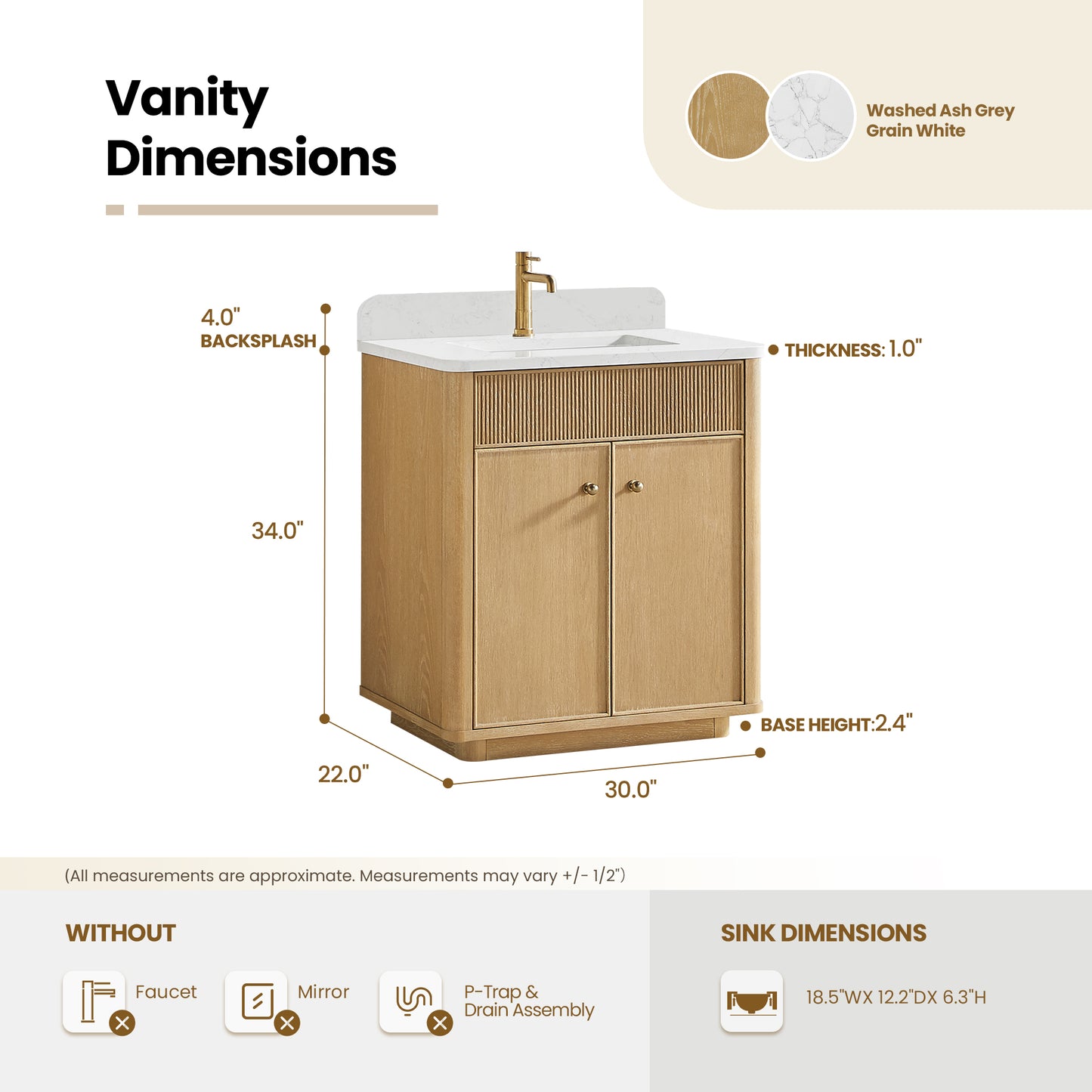 Zogno 30" Single Sink Bath Vanity in Washed Ash Grey