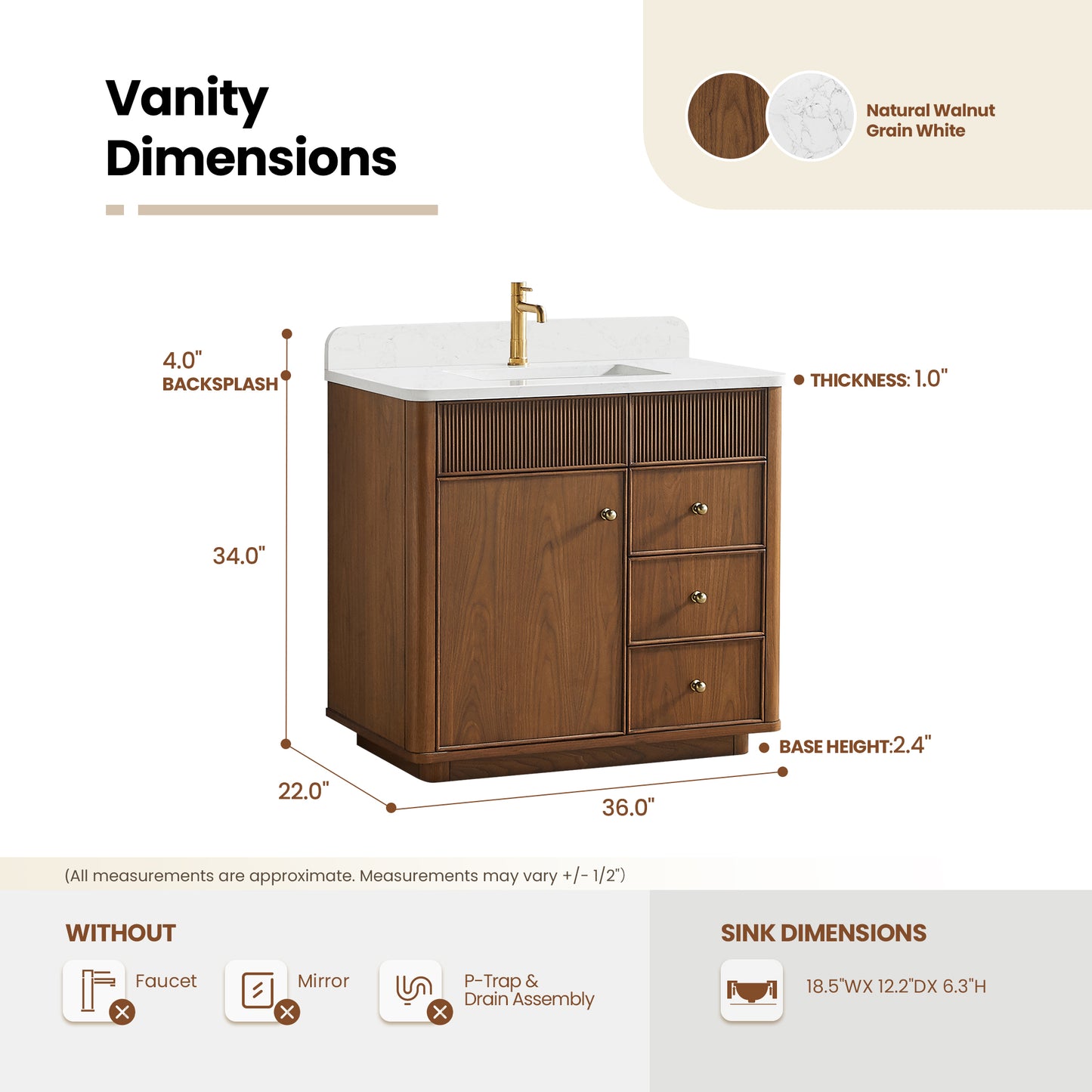 Zogno 36" Single Sink Bath Vanity in Natural Walnut