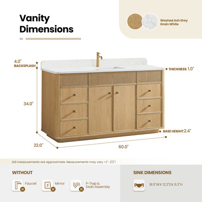 Zogno 60" Single Sink Bath Vanity in Washed Ash Grey