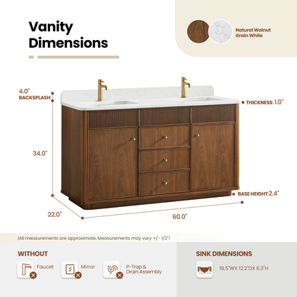 Zogno 60M" Double Sink Bath Vanity in Natural Walnut