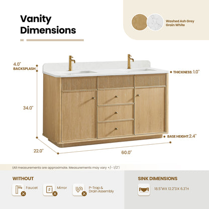 Zogno 60M" Double Sink Bath Vanity in Washed Ash Grey