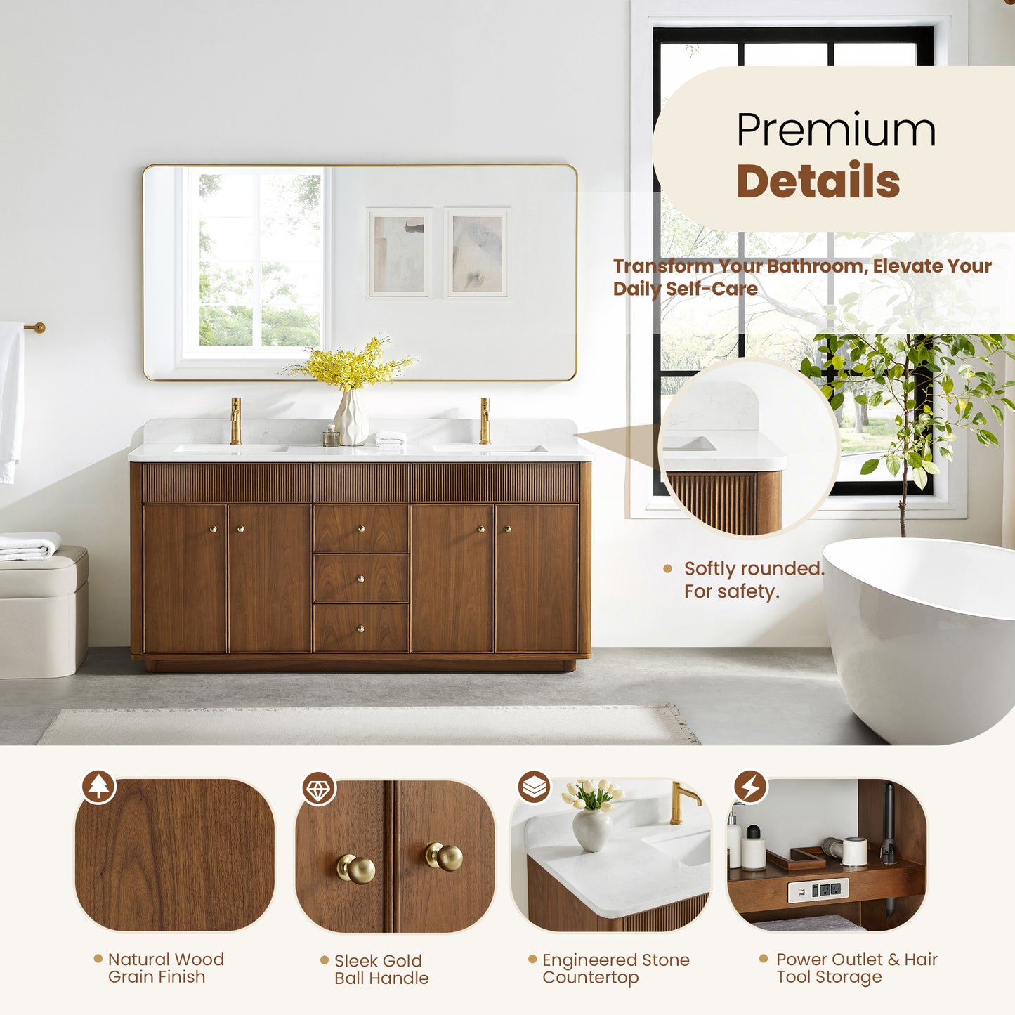 Zogno 72" Double Sink Bath Vanity in Natural Walnut