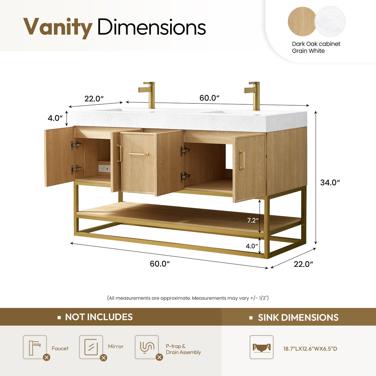 Vittoria 60M" Double Bath Vanity in Dark Oak