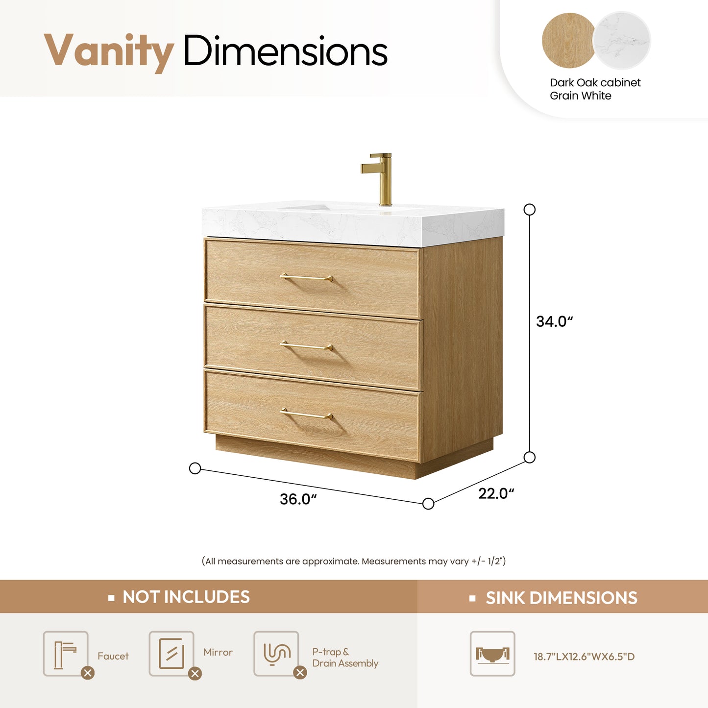 Turin 36" Single Sink Bath Vanity in Dark Oak