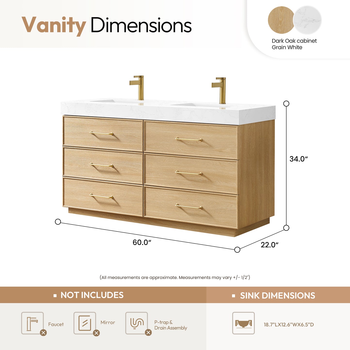 Turin 60M" Double Sink Bath Vanity in Dark Oak