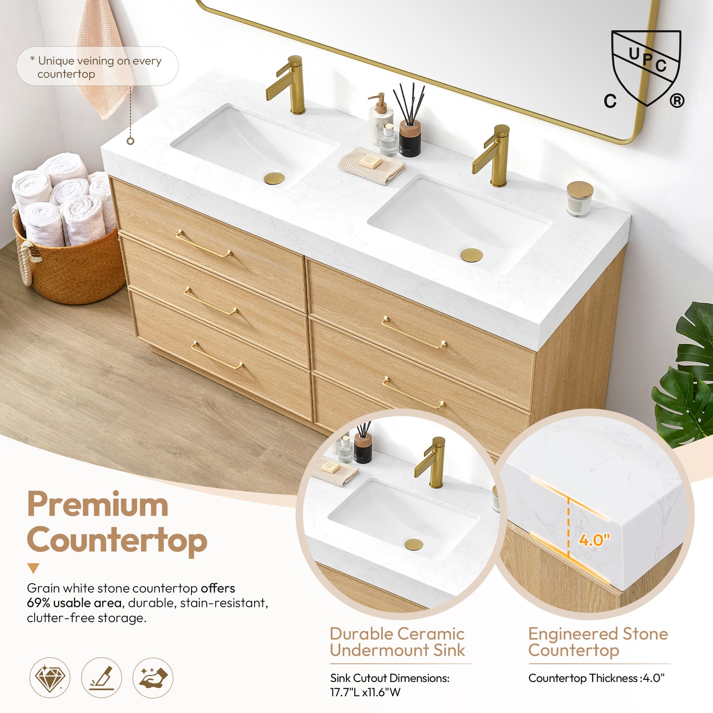 Turin 60M" Double Sink Bath Vanity in Dark Oak