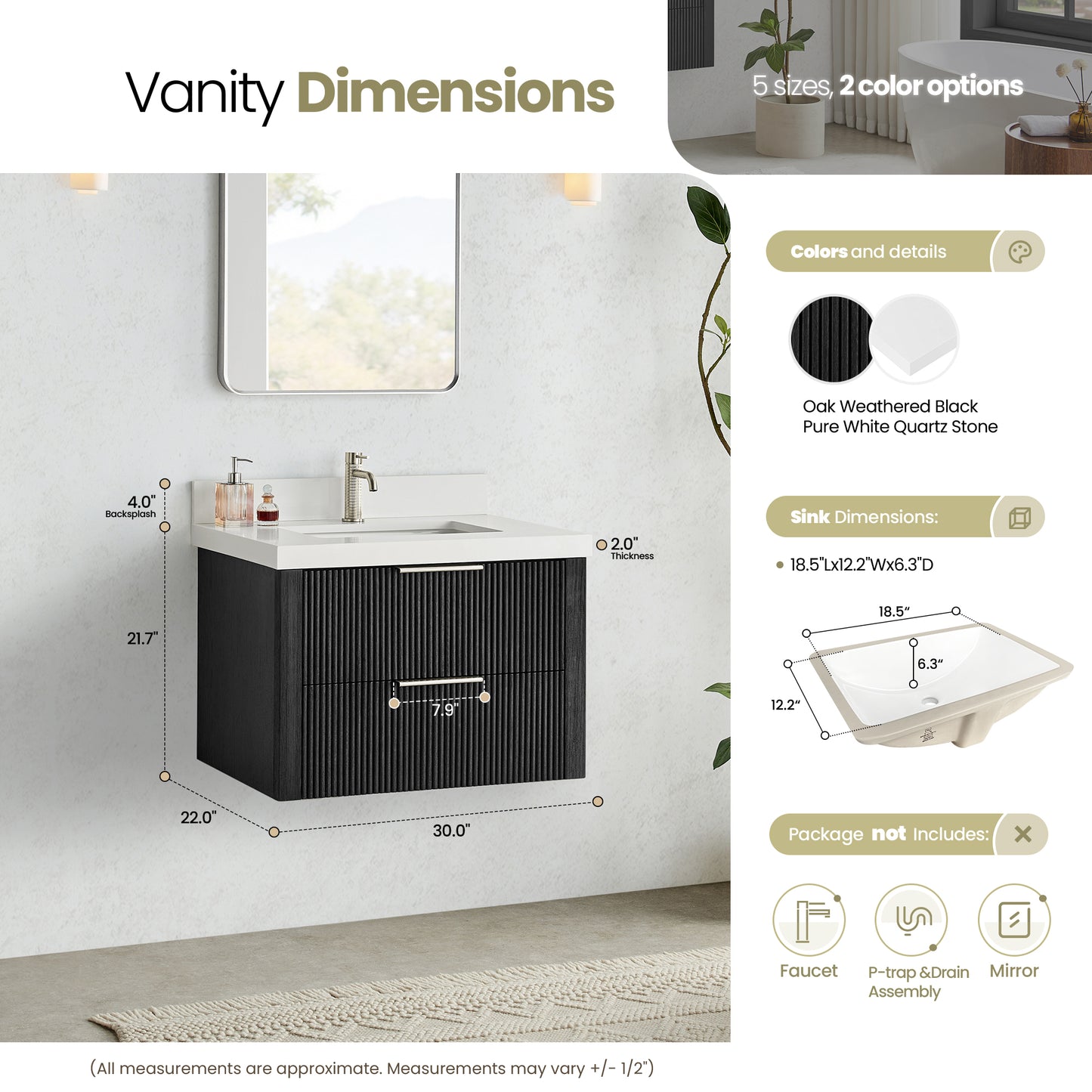 Barcelona 30" Floating Single Bath Vanity in Oak Weathered Black