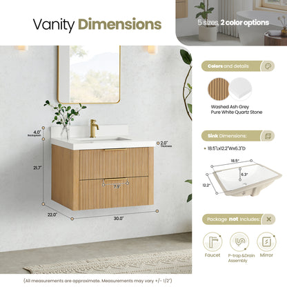 Barcelona 30" Floating Single Bath Vanity in Washed Ash Grey