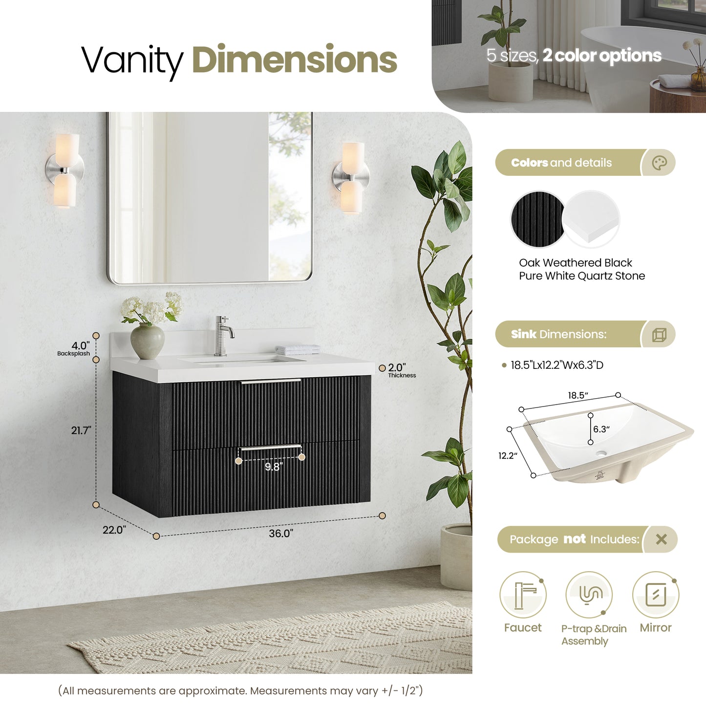 Barcelona 36" Floating Single Bath Vanity in Oak Weathered Black
