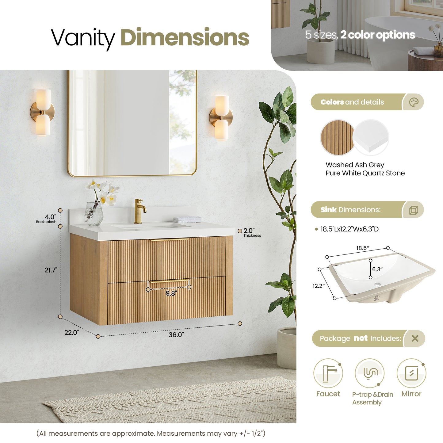 Barcelona 36" Floating Single Bath Vanity in Washed Ash Grey