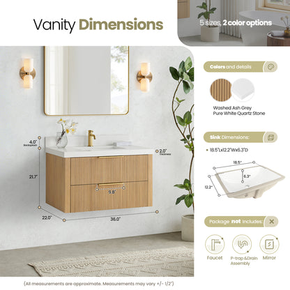 Barcelona 36" Floating Single Bath Vanity in Washed Ash Grey