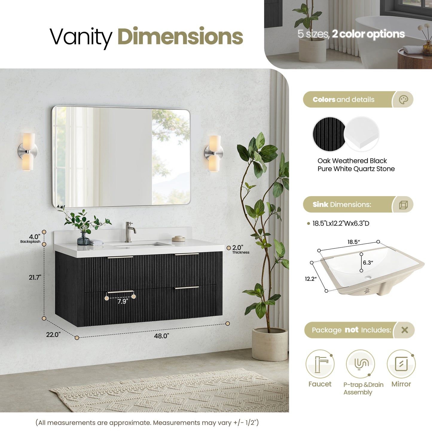 Barcelona 48" Floating Single Bath Vanity in Oak Weathered Black
