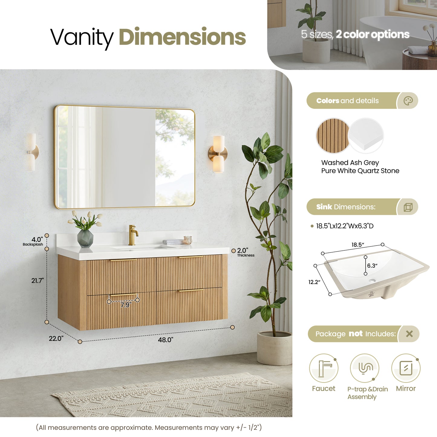 Barcelona 48" Floating Single Bath Vanity in Washed Ash Grey