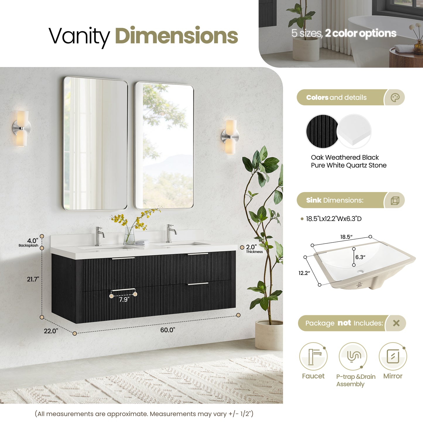 Barcelona 60M" Floating Double Bath Vanity in Oak Weathered Black