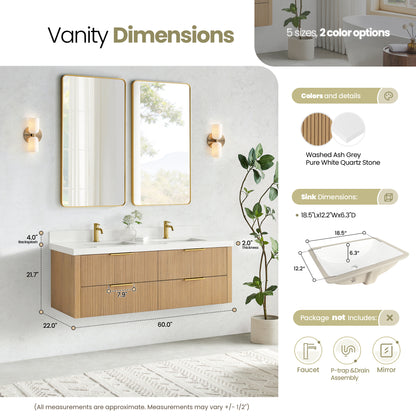 Barcelona 60M" Floating Double Bath Vanity in Washed Ash Grey