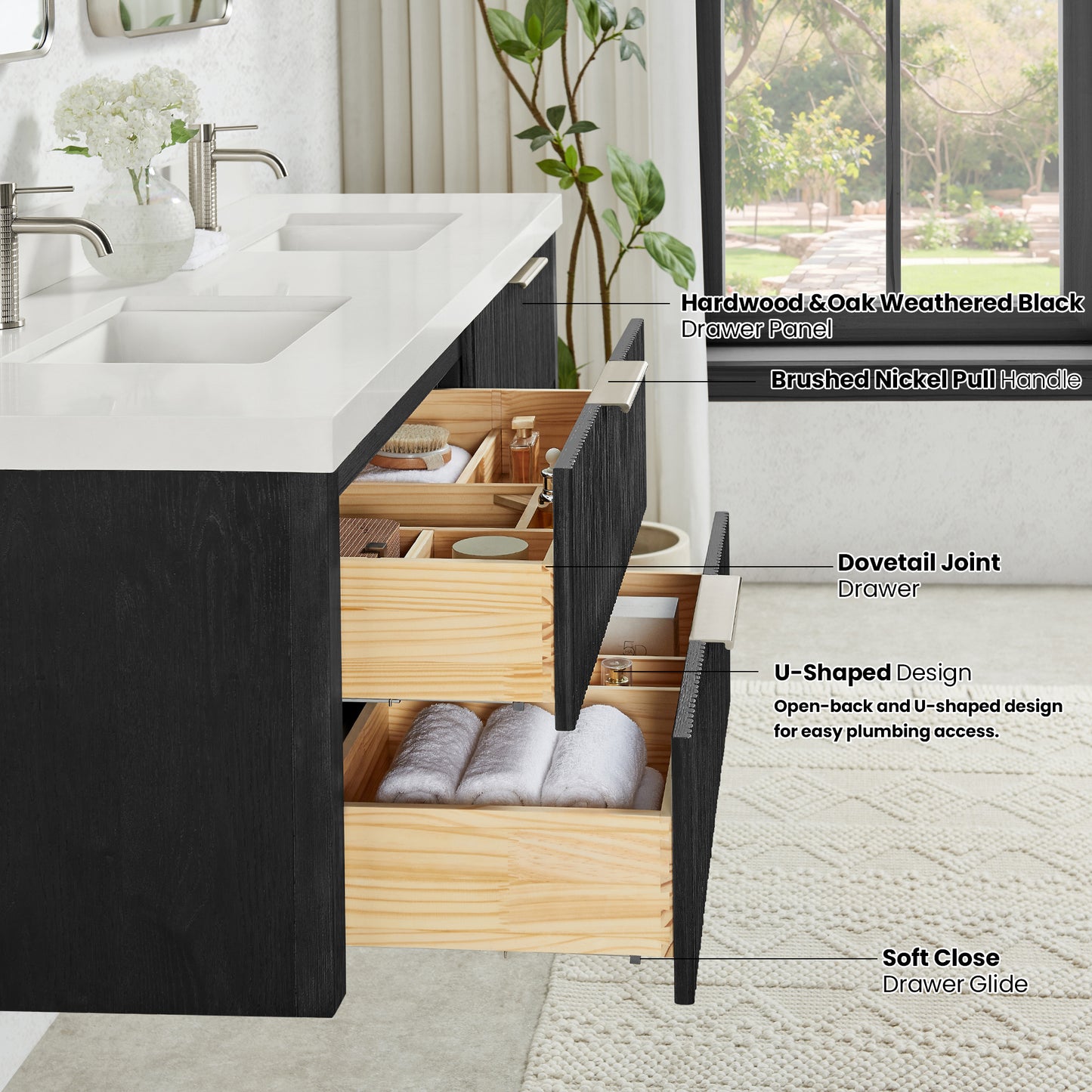 Barcelona 72" Floating Double Bath Vanity in Oak Weathered Black