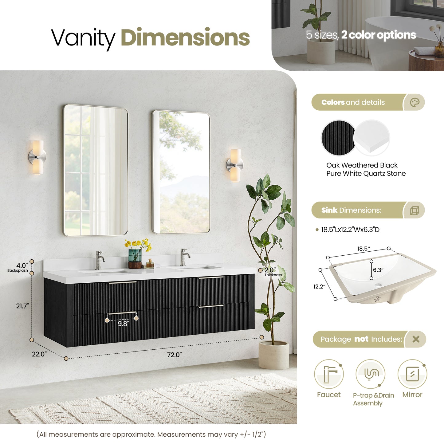 Barcelona 72" Floating Double Bath Vanity in Oak Weathered Black